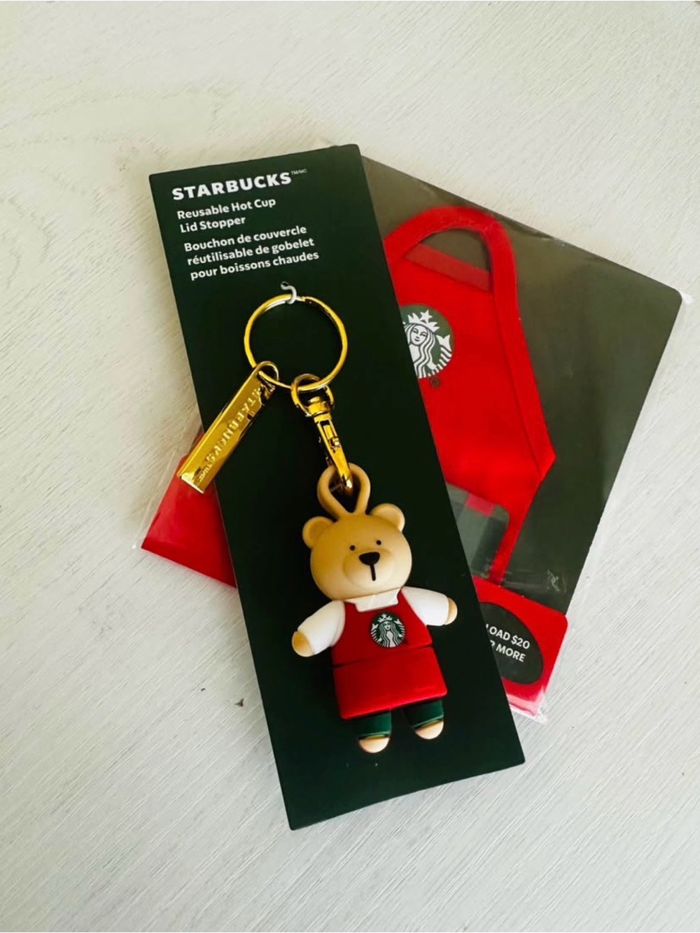 Starbucks Red and Green Bear Keychain with Gold Hardware